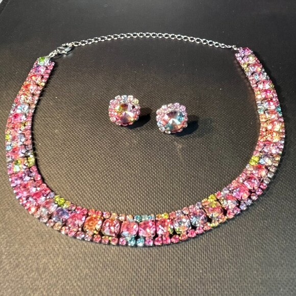 Choker Necklace Earrings Jewelry Set Zirconia Spark Multi color with Gift Box - Picture 4 of 7